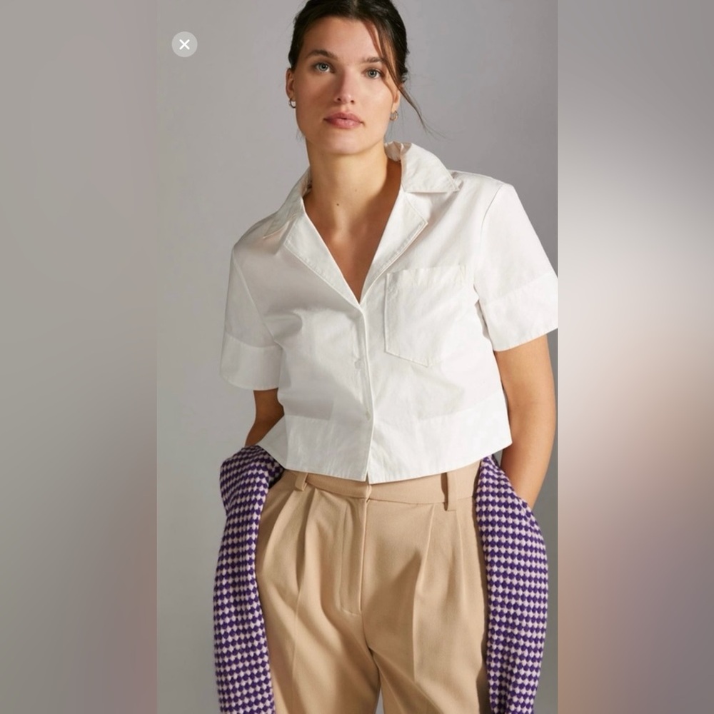 Maeve White Short-Sleeve Cropped Button-Down Shirt